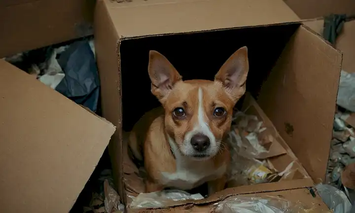 Una caja de cartón desgastada, vencida y manchada de suciedad, con un pequeño perro marrón mirando desde detrás de una bofetada rota, ojos anchos con miedo y tristeza, rodeado de basura y escombros descartados