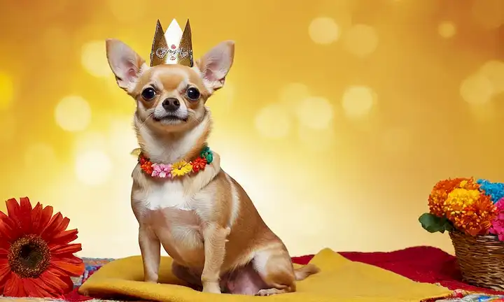 Un Chihuahua feliz sentado en una manta, con un fondo soleado brillante, con una corona, rodeada de pequeñas banderas mexicanas y flores marigold, sosteniendo una pequeña bandera o cinta, teniendo una expresión relajada en su cara, con un brillo sutil en su abrigo para representar la pureza