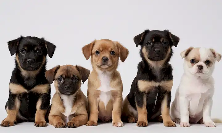 3-4 perros pequeños, peludas con patas cortas y grandes cabezas, sentados en un fondo blanco, con colores variados y marcas como marrón, negro o crema, algunos con orejas flojas y otros con orejas erectas