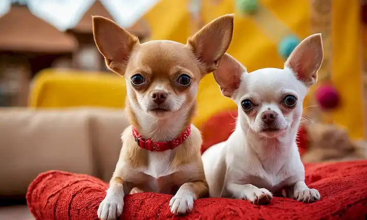 2-3 adorable Chihuahuas en diferentes poses, sentado sobre una superficie suave, rodeado de textiles o decoraciones mexicanas, con un prominente frente y centro de Chihuahua mirando directamente a la cámara, con un posible fondo borroso de un paisaje urbano o arquitectura tradicional mexicana
