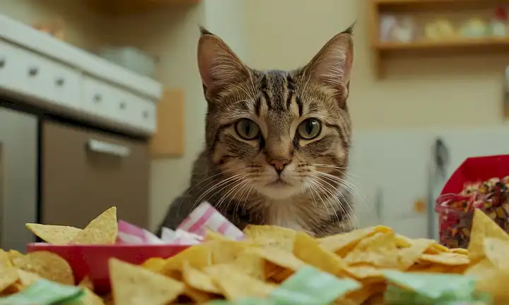 Los gatos domésticos se enfrentan con una expresión curiosa, rodeada de coloridas fichas de dibujos animados o paquetes de aperitivos; un fondo caprichoso con utensilios de cocina y artículos de comida, con unos pocos chips estragos repartidos alrededor