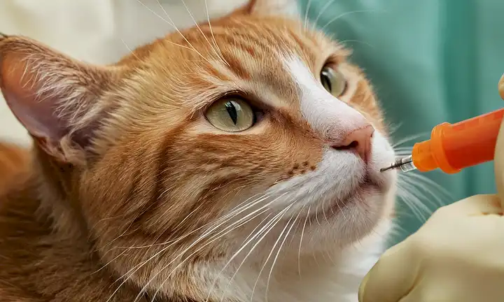 una foto de cerca de una piel de gatos con una aguja de inyección visible en el proceso de ser administrada, una mano de veterinarios sosteniendo la jeringa, una expresión facial suave y tranquila en el gato, un fondo borroso de enfoque s
<center><img decoding=