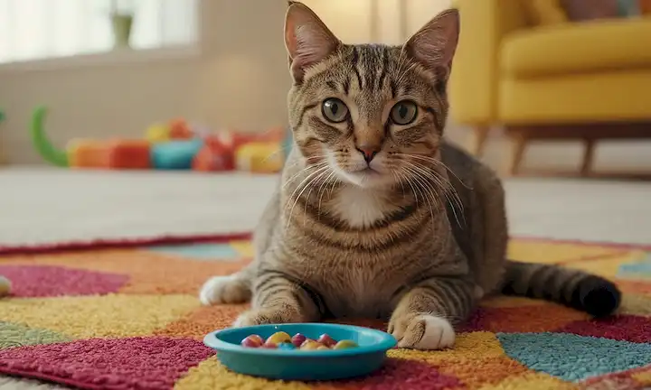 Un lindo gato de dibujos animados con un chip brillante incrustado en su oído, sentado en una alfombra colorida, rodeado de juguetes y golosinas, con un fondo sutil que insinúa a un salón moderno