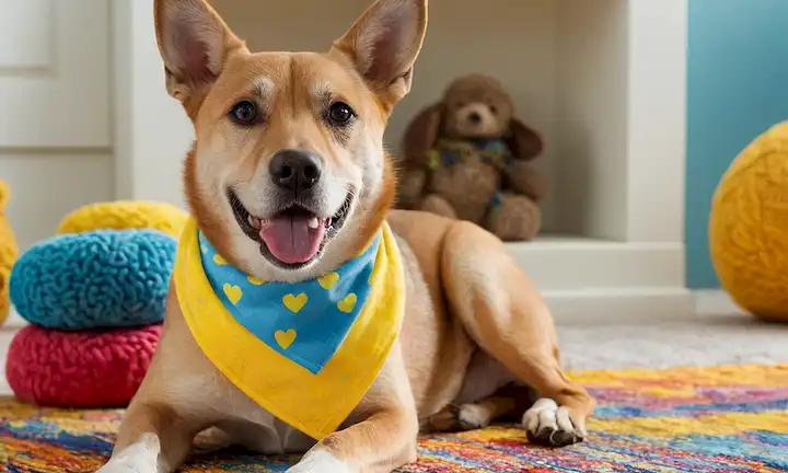 Una foto de un perro sonriente con un diseño brillante amarillo y azul de pintura cara, con un vendana emparejado alrededor de su cuello, sentado en una alfombra colorida rodeada de juguetes y golosinas