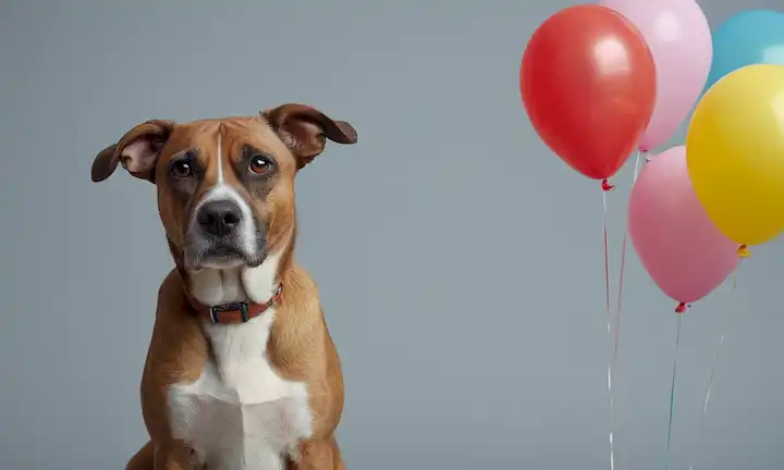 Un perro de aspecto triste con una cara plana y orejas droopy, de pie solo en un fondo gris, con un ceño fruncido, rodeado de pequeños globos en diferentes colores, uno de los cuales se salta