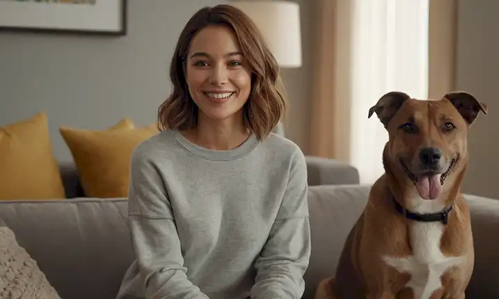 Una mujer con una sonrisa cálida, con ropa casual, de pie junto a un perro sonriente, un color marrón gris, con una característica facial distintiva, sentado en un sofá o una alfombra, en un ambiente acogedor e íntimo