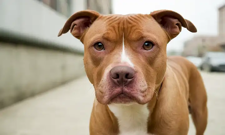 Un pitbull con una estructura facial distintiva con una cara plana, un hocico corto y una expresión triste, rodeada de un fondo blanco o un ambiente urbano borroso, con los perros orejas ligeramente dobladas hacia atrás, sus ojos mirando hacia abajo, y su boca abierta en una posición relajada