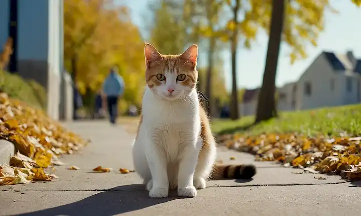 Una cálida y soleada escena callejera con un gato callejero sentado en el borde, una mirada curiosa en sus ojos; una suave brisa frotando las hojas de los árboles cercanos; unas pocas personas caminando por el fondo; un cielo azul brillante arriba; un sutil sentido de esperanza y bondad emanando de la imagen