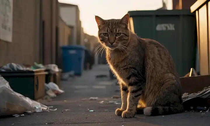 Un gato estrado con pelaje mate y una oreja tattered, agachado detrás de un basurero o una pila de cajas en un callejón urbano mullido al atardecer, rodeado de latas de basura, botellas rotas y muebles desechados, con la puesta del sol en el fondo