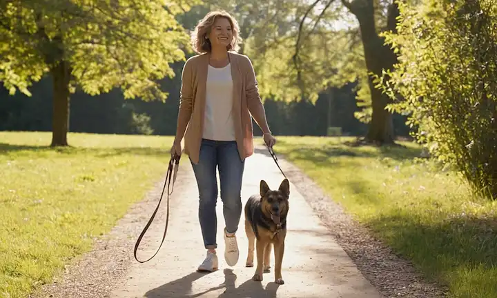Una escena tranquila de paseo para perros, una persona con ropa casual, con correa, agarre suave, caminando a la luz del sol, postura relajada, cara sonriente, ambiente feliz y pacífico, ambientación al aire libre, parque o sendero, ambiente sereno, no peligro presente, momento armonioso