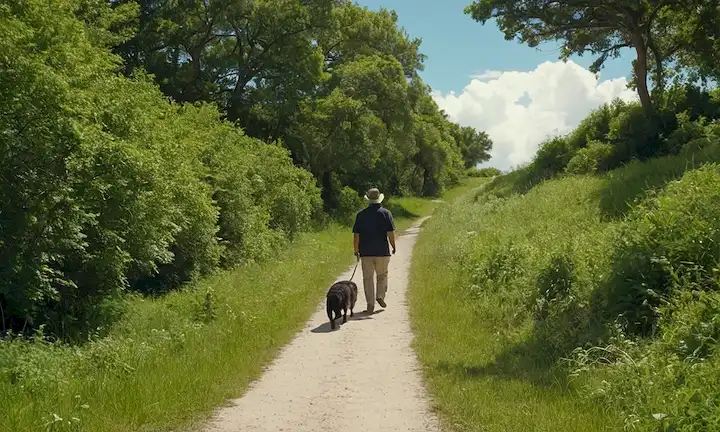 Una escena tranquila y serena con un suave pastor paseando por un sendero sombreado, rodeado de exuberante vegetación, acompañado por tu fiel mascota en una correa, bajo un claro cielo azul con nubes blancas hinchadas