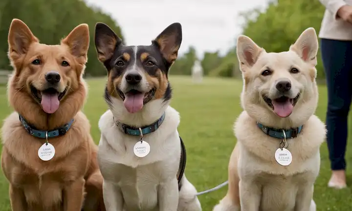 3 perros, varias razas y tamaños, de pie en línea, sonriendo, usando collares emparejados con etiquetas de nombre brillante, uno que sostiene una correa, otros dando patas uno al otro, fondo sereno, iluminación natural