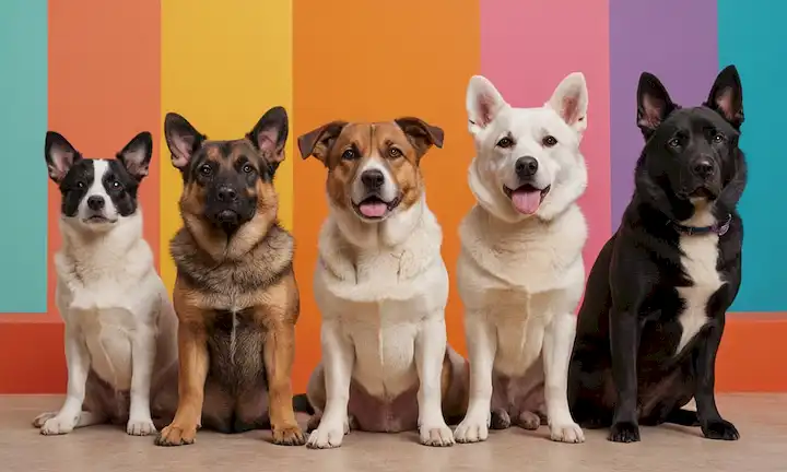3 perros con diferentes razas, expresiones neutrales, de pie en línea, contra un fondo brillante y colorido, posiblemente con un gradiente sutil, un perro inclinado ligeramente hacia otro, todas las patas tocando el suelo, sin obstáculos o distracciones