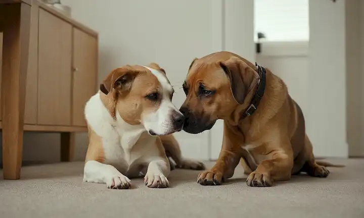 2 perros sentados en el suelo con calmas expresiones faciales, ligeramente tocando las narices o se olfatean, color de fondo neutro, muebles simples en enfoque suave