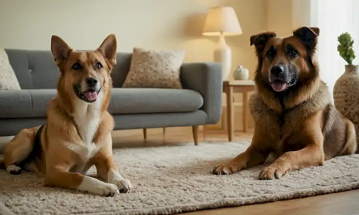 2 perros de aspecto amistoso en diferentes colores, sentados en un sofá o una alfombra, mirando uno al otro con expresiones curiosas, apuestos con luz natural cálida, rodeados de elementos decorativos como vasijas o canastas, ruido de fondo mínimo borroso para enfatizar los temas, enfoque suave en la interacción entre los dos caninos