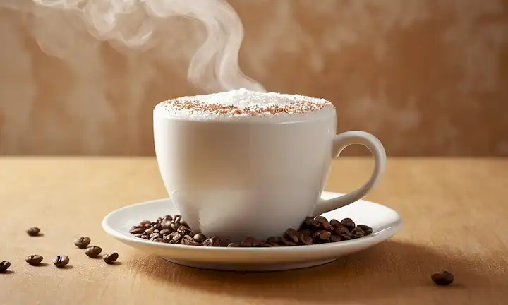 Una taza blanca con aumento de vapor, rodeada de un patrón de fondo sutil, que contiene una mezcla de café de color claro rematada con polvo de soda de horneado, acompañada de algunas flores frescas y un efecto de enfoque suave