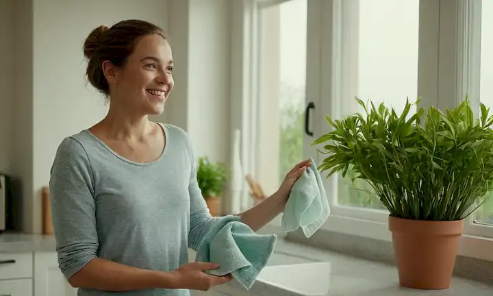 Una mujer en una cocina brillante, sosteniendo un paño de microfibra con una suave sonrisa, cerca de una ventana con luz natural que se derrama, rodeada de superficies limpias y plantas de aire fresco