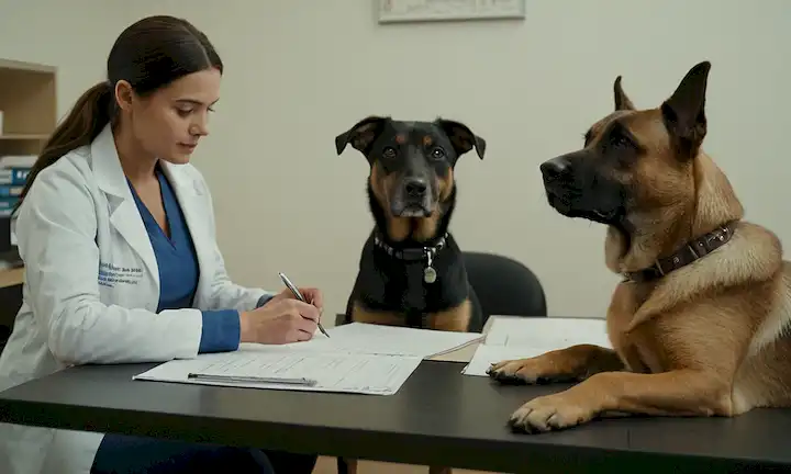 2-3 perros en diferentes razas y tamaños, sentados en una mesa, con papeles y carpetas que los rodean, un veterinario en el fondo comprueba algo, un espacio de trabajo limpio y organizado