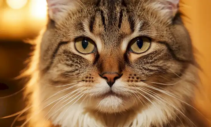 Un disparo de cerca de una cabeza de gatos con pelo suelto alrededor de su boca y barbilla, rodeado de textura suave y borrosa, iluminación cálida, sombras suaves y enfoque sutil en la cara de gatos
