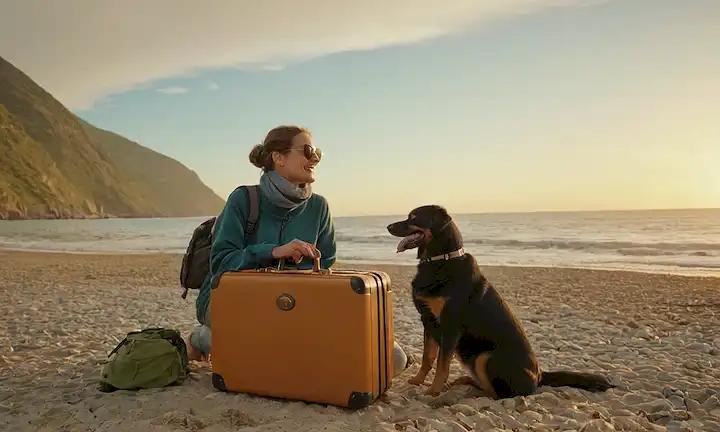 Un perro feliz sentado al lado de su dueño en una playa