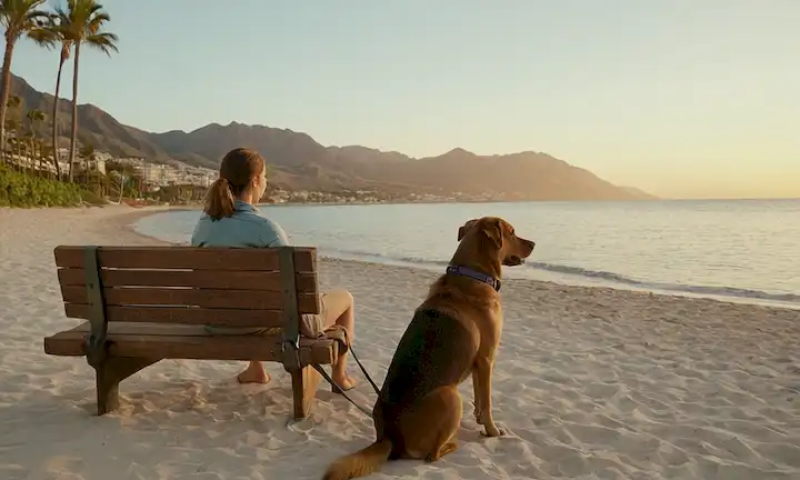 Feliz perro en una correa con el dueño, explorando una playa al atardecer, rodeado de palmeras y una vista al mar serena; o una familia de senderismo en las montañas con su amigo peludo que conduce el camino; o un par de abrazos con su mascota en un banco del parque con vistas a un paisaje urbano