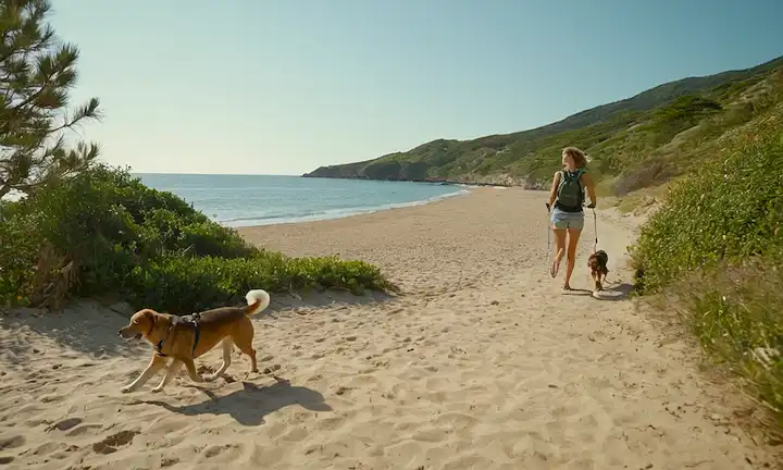 Una escena soleada del parque con un perro feliz corriendo junto a su dueño, un excursionista tomando un descanso en un sendero de montaña con su compañero furioso a su lado, una familia que tiene un picnic con sus perros juguetones a su alrededor, y una playa serena con una persona paseando a lo largo de la orilla con sus perros paw print en la arena