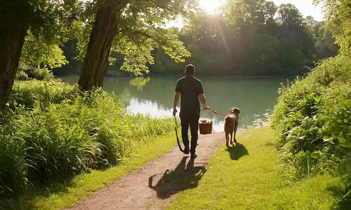 un paisaje pintoresco con un perro caminando sobre la correa, dueños de mano sujetar golosinas, canasta de picnic en el fondo, agua tranquila en primer plano, sol brillando, exuberante vegetación circundante