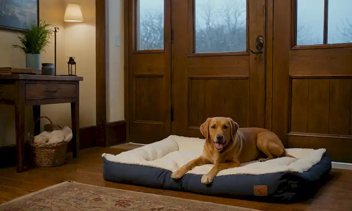 Camas de perros acogedores, perros felices, iluminación caliente, puertas de madera rústicas, patas en almohadas, mantas suaves, invitando entradas, gestos acogedores, colas de vago, comodidad, tranquilidad y alegría