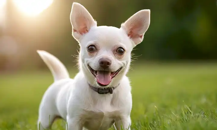 Un perro pequeño en una pose relajada en una superficie de hierba con un fondo borroso
