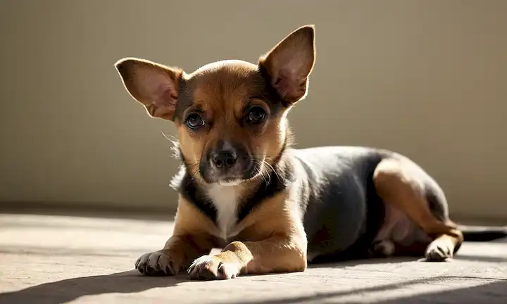 razas de perros pequeños, piernas dobladas, orejas enrojecidas, expresiones preocupadas, mirando hacia abajo, patas agarrando, áreas musculares resaltadas, sombras y momentos destacados
