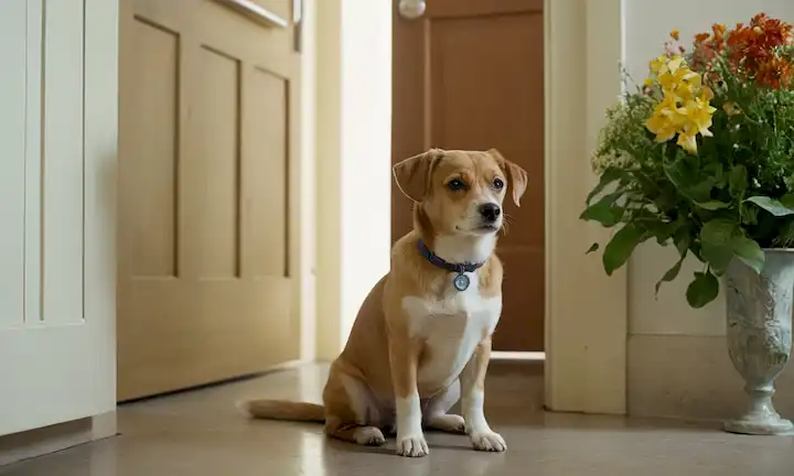 Pequeño perro con una cara triste, cojeando en una pierna, sentado frente a una puerta de veterinarios, rodeado de hojas o flores para evocar un sentido de entorno natural, con suave luz solar filtrando a través del fondo, y una sutil insinuación de medicamentos o equipo médico cercano, como un termómetro o estetoscopio