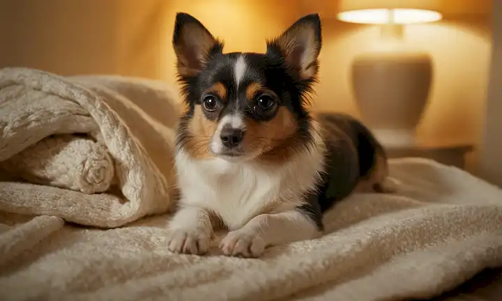 Un perro pequeño con una pata vendada, acostado sobre una manta suave en una posición relajada, rodeado de utilería calmante como un suave arroyo o un paisaje tranquilo, con iluminación sutil y colores cálidos, transmitiendo un sentido de serenidad y cuidado