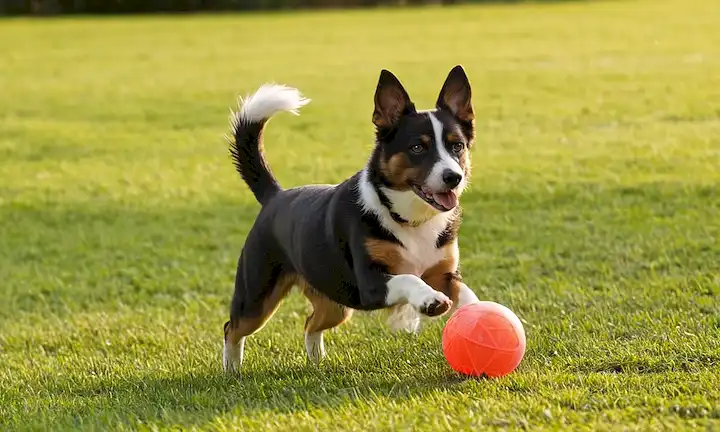 3-4 perros pequeños con diferentes razas, posturas y edades, algunos saltando o corriendo, otros sentados o acostados, en un entorno natural o urbano, con diversos objetos como bolas, frisboes, correas, juguetes, canastas, con luz solar o sombras, transmitiendo alegría, juguetón, curiosidad