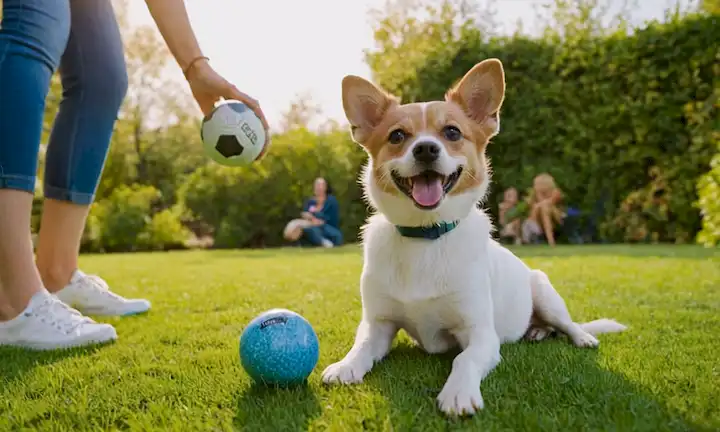 Un pequeño perro juguetono en un césped verde con una capción sobre perros, una persona que sostiene una bola y otro que acaricia a un perro, caras felices en foco, ambientación al aire libre, sol, colores como azul, amarillo y verde, ambiente relajado
