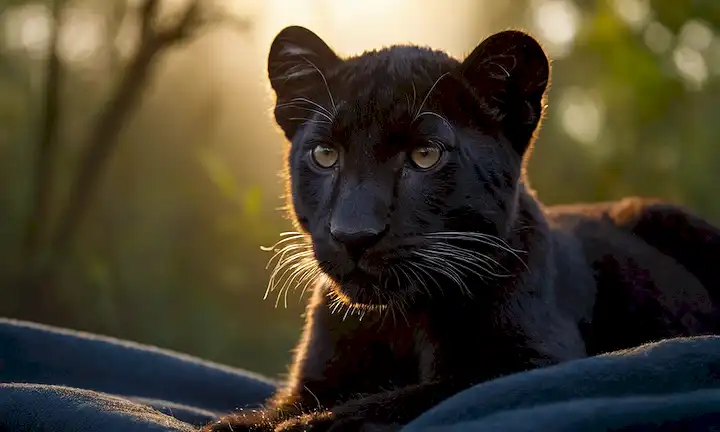 Un bosque denso, una luna brillante, un equipo de rescate, un frágil cachorro de pantera, una manta envuelta alrededor de su cuerpo, un resplandor cálido que emana de ella, un sentido de esperanza y nueva vida, una bruma sutil, una luz débil en la distancia, una escena de ensueño
