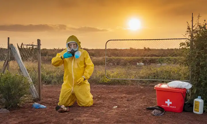 Un paisaje con un fondo marrón y amarillo-marrón, con una gran mariposa, unos pocos animales muertos, una persona en un traje de novato, un kit de primeros auxilios, un cubo con agua, una cerca, una puerta abierta o ligeramente ajar, un poco de vegetación, un sol sentado bajo en el cielo, una bandera de advertencia roja, un par de guantes