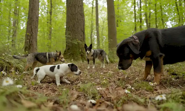 Un grupo de perros curiosos husmeando alrededor, una masa de huevo de polilla procesionaria, un litro de hojas, una escena de suelo forestal con bajo cepillo seco y flores silvestres, un día soleado con sombras dappled, un enfoque sutil en el nivel del suelo
