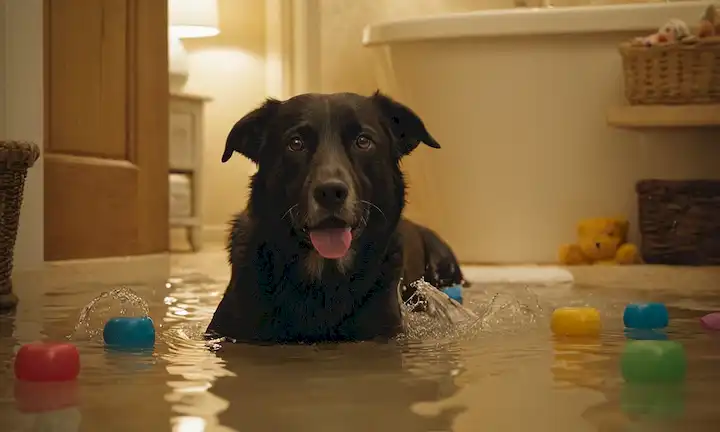 Un ambiente cálido y acogedor con un perro feliz rodeado de juguetes y golosinas, agua suave salpicando efectos de sonido en el fondo, iluminación suave y un ambiente relajado, destacando la importancia de bañarse regularmente