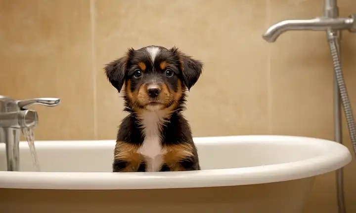 cachorro de 3-4 meses sentado en una bañera, nivel de agua a mitad de sus patas, con un suave flujo de agua que fluye de un cabezal de ducha portátil, toalla suave cerca para secar, y unas manos de dueños cariñosos que sostienen el cachorro de forma segura pero suave, iluminación cálida y un fondo limpio