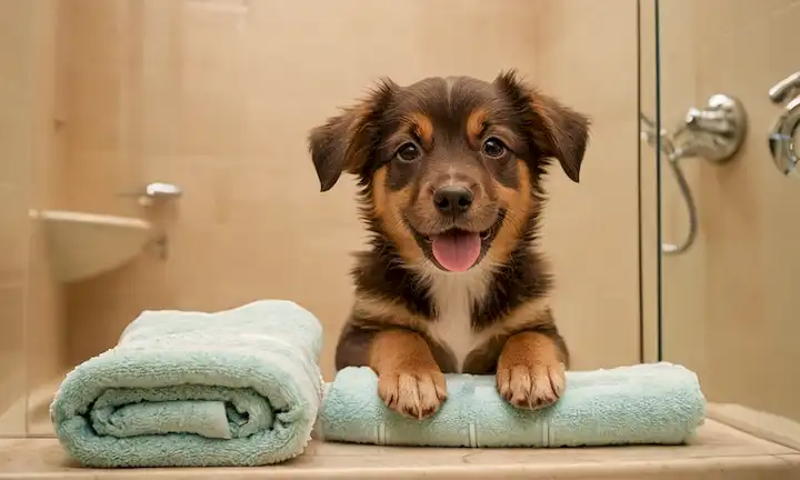 Una imagen caliente de un cachorro feliz rodeado de toallas suaves, manos suaves y colores calmantes; gotas de agua brillando sobre la piel, con un toque de burbujas de champú en el fondo; un ambiente de baño sereno con un reflejo sutil en un espejo; un ambiente reconfortante que transmite confianza y cuidado