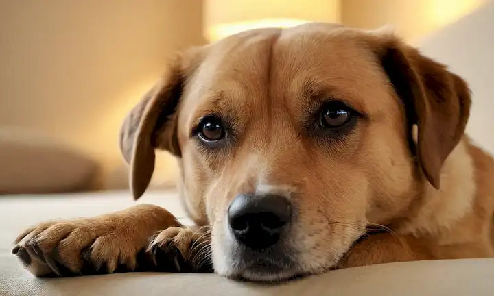 Perro calmado, suave toque, ambiente calmante, iluminación suave, colores reconfortantes, postura cuddly, expresión facial relajada, espacio seguro y acogedor