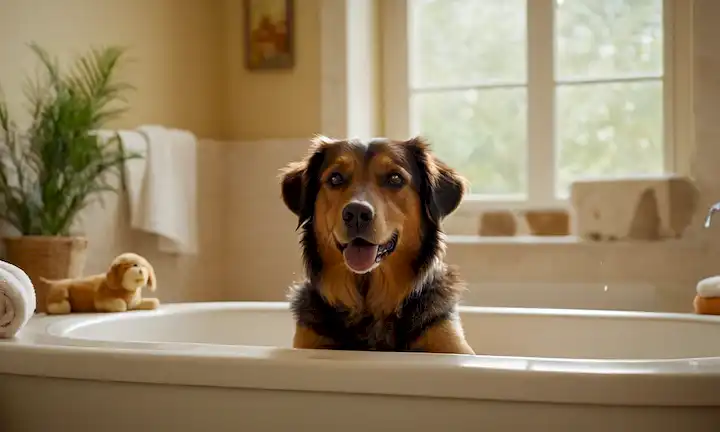 Una instalación de baño caliente con un perro tranquilo, toallas suaves y un suave sonido de salpicaduras; unos juguetes cercanos para la comodidad; una bañera limpia y fresca con agua corriente; un padre o cuidador en el fondo, sonriendo suavemente; luz natural filtrando a través de una ventana