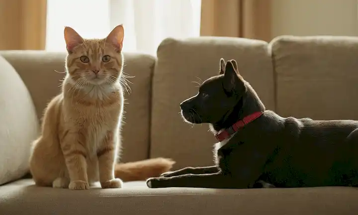 Un gato tranquilo sentado en un sofá, con un curioso cachorro de pie cerca, ambos frente uno al otro, en un acogedor salón con una cálida luz solar filtrando a través de la ventana, en medio de algunos juguetes y puestos de rasguño, transmitiendo un sentido de interacción amistosa y respeto mutuo