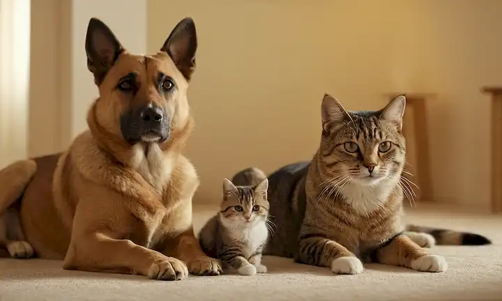 2 animales, un gato y un perro, sentados cómodamente juntos, patas tocando, suaves expresiones faciales, cálida iluminación, fondo neutro, relajado lenguaje corporal, respeto mutuo