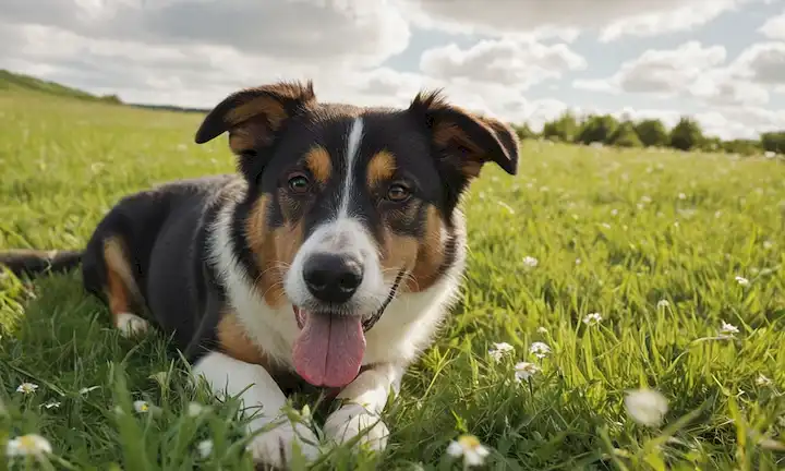 perro feliz tumbado en la hierba, perros lengua fuera, perros estómago ligeramente levantado, hojas o flores cerca, un tazón o agua en la distancia, día soleado con nubes suaves