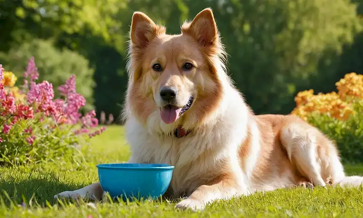 perro feliz con pelaje suave, sentado en la hierba, rodeado de flores coloridas, suave luz del sol filtrando a través de los árboles, cuenco de comida en frente, botella de agua cerca