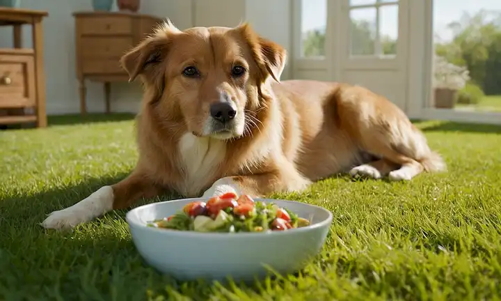 Un perro sereno acostado en una suave superficie de hierba, con un tazón de comida saludable cerca, un fondo tranquilo de un prado soleado o un acogedor interior casero, enfatizando la comodidad y la relajación, un sutil indicio de un remedio natural o casero en la escena, transmitiendo un sentido de confianza y serenidad