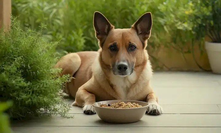 Un perro tranquilo con una expresión suave, sentado en una superficie suave, rodeado de vegetación, sosteniendo un tazón con comida delante, un toque de una sonrisa en su cara, la iluminación cálida y reconfortante, el ambiente sereno, enfocarse en los perros confort