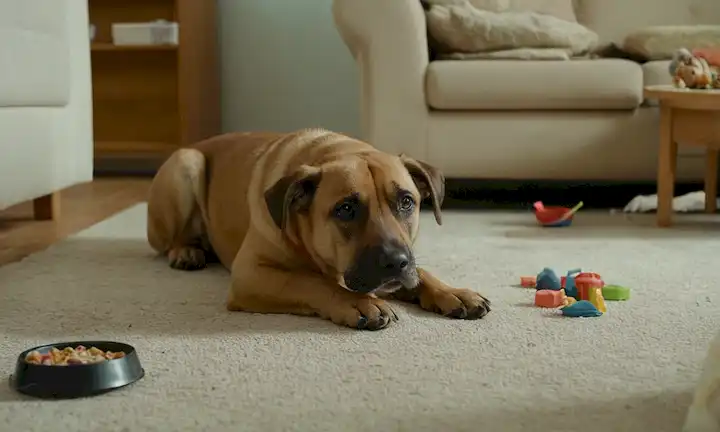 Un perro de aspecto triste en los cuatro, babeando, con manchas de vómito alrededor de su boca, y un cuenco de comida sin comer cerca, en un desordenado fondo de sala de estar, con juguetes dispersos alrededor, transmitiendo sentimientos de enfermedad, negligencia y abandono