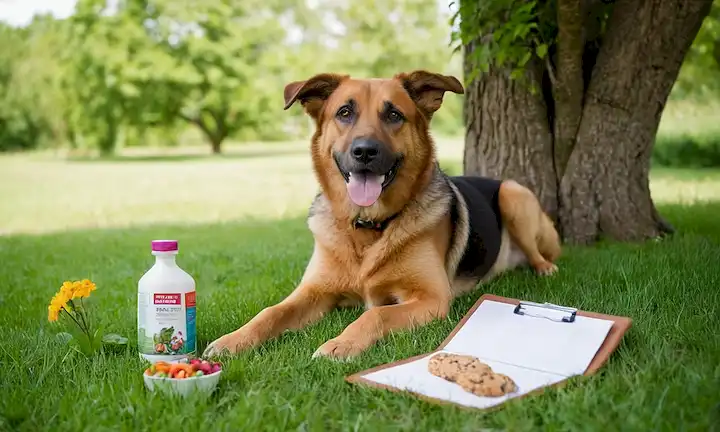 Un perro feliz jugando afuera, rodeado de exuberante hierba verde y flores coloridas, con un cuenco de alimentos nutritivos en la esquina, una botella de medicina para perros en el suelo, un portapapeles de revisión de veterinarios inclinado contra un árbol, unos cuantos golosos saludables dispersos alrededor, un fondo tranquilo y pacífico, y el ambiente general debe ser cálido y acogedor